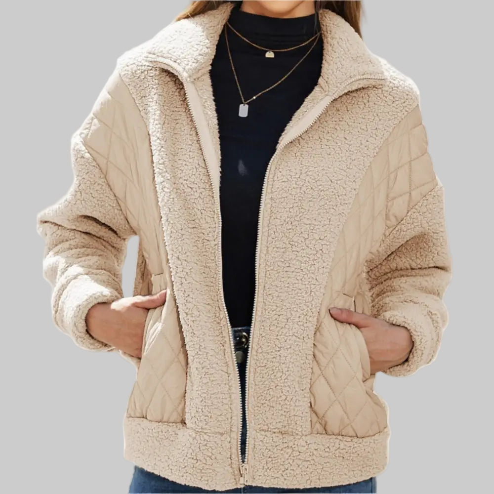 Autumn Winter Long Sleeve Zipper Plush Stitching Coat - S / Apricot - Outerwear
