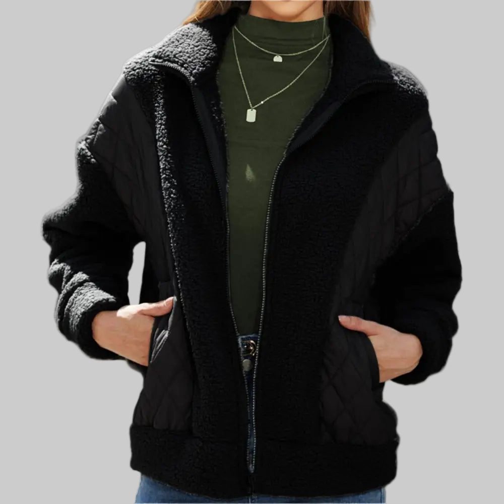 Autumn Winter Long Sleeve Zipper Plush Stitching Coat - S / Black - Outerwear