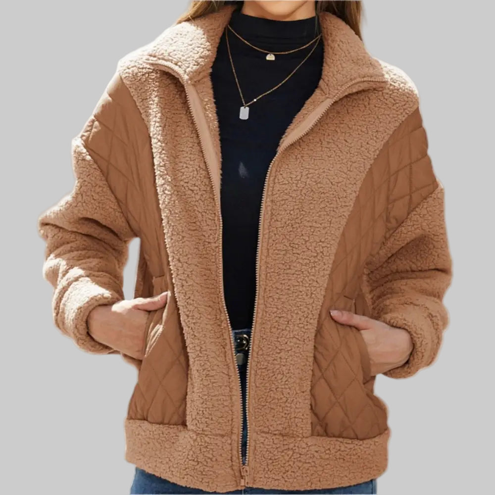 Autumn Winter Long Sleeve Zipper Plush Stitching Coat - S / Camel - Outerwear