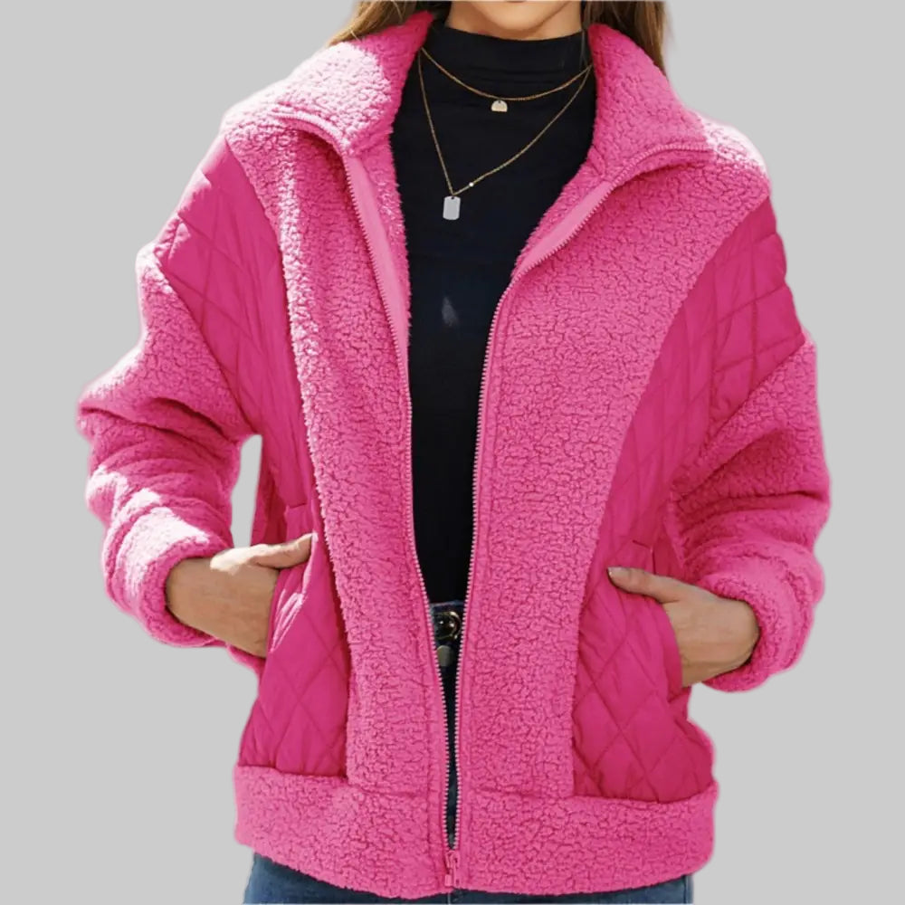 Autumn Winter Long Sleeve Zipper Plush Stitching Coat - S / Coral Red - Outerwear