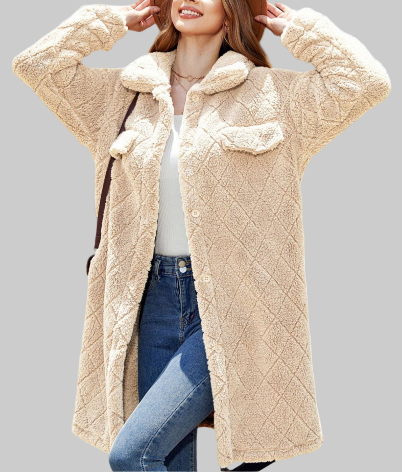 Autumn Winter Plush Loose Single Breasted Diamond Coat Tamra.Shop.Social