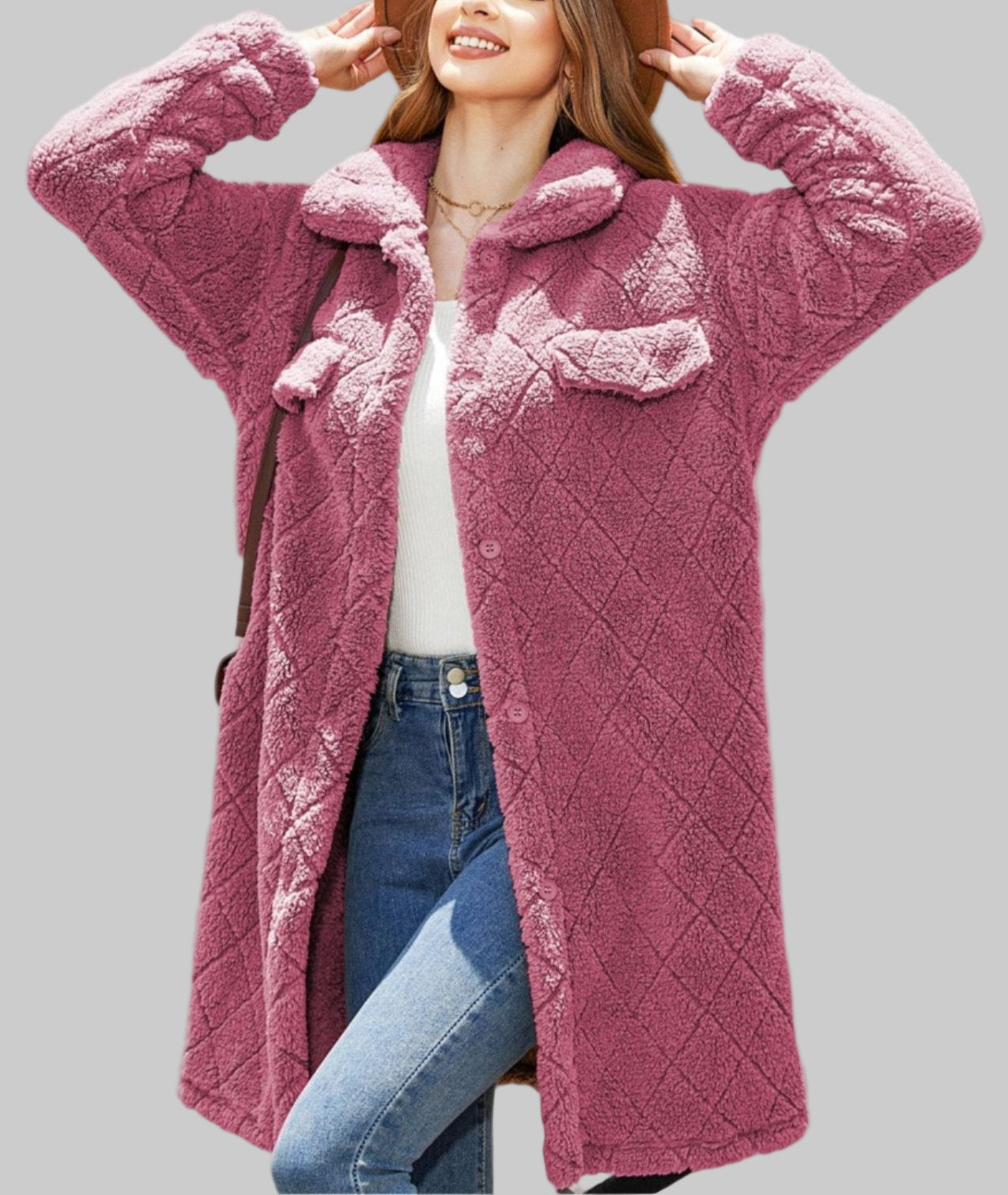 Autumn Winter Plush Loose Single Breasted Diamond Coat Tamra.Shop.Social