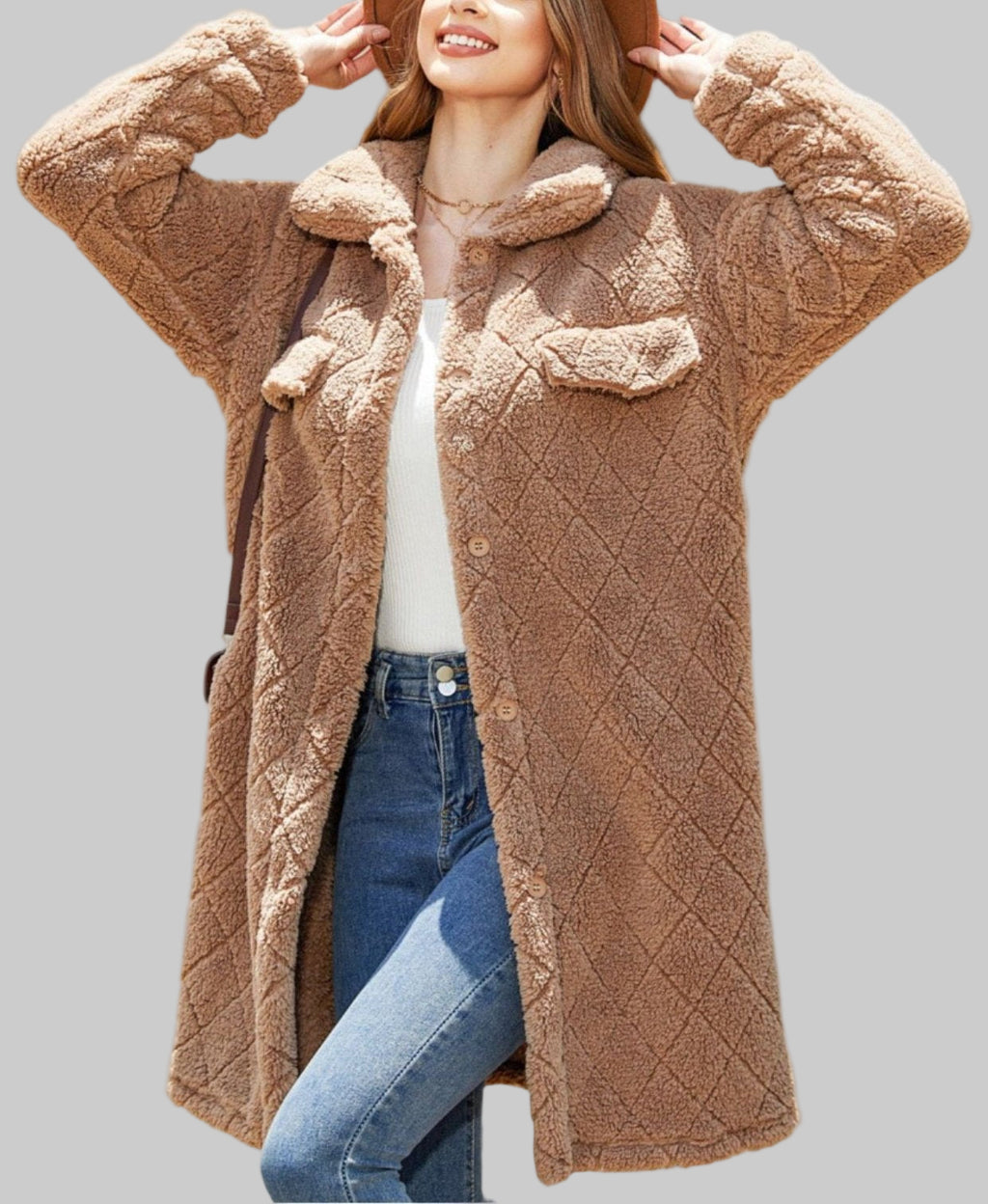 Autumn Winter Plush Loose Single Breasted Diamond Coat Tamra.Shop.Social