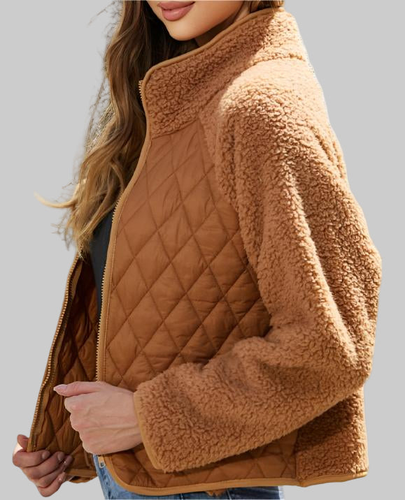 Autumn Winter Zipper Long Sleeve Plush Stitching Coat Tamra.Shop.Social