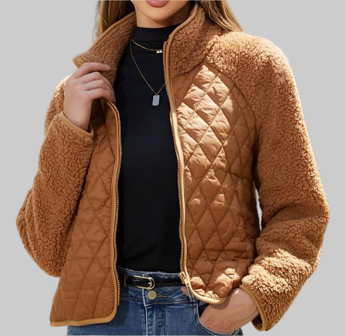 Autumn Winter Zipper Long Sleeve Plush Stitching Coat Tamra.Shop.Social