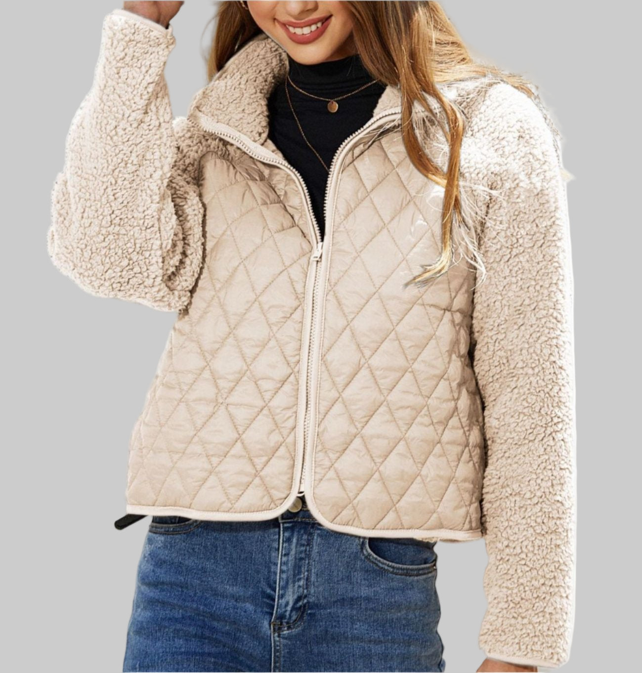 Autumn Winter Zipper Long Sleeve Plush Stitching Coat Tamra.Shop.Social