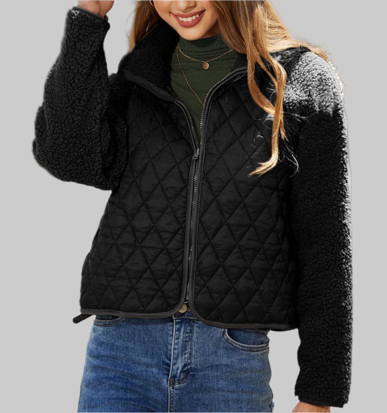 Autumn Winter Zipper Long Sleeve Plush Stitching Coat Tamra.Shop.Social