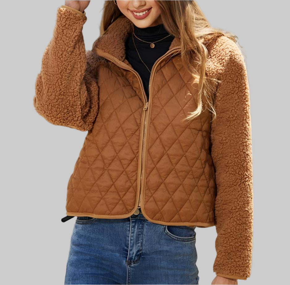 Autumn Winter Zipper Long Sleeve Plush Stitching Coat Tamra.Shop.Social