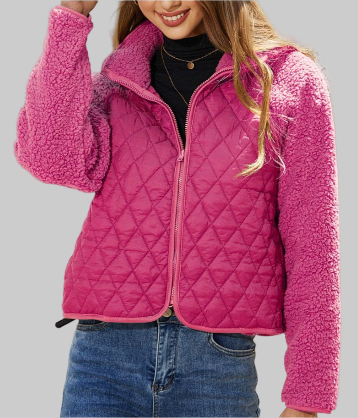 Autumn Winter Zipper Long Sleeve Plush Stitching Coat Tamra.Shop.Social