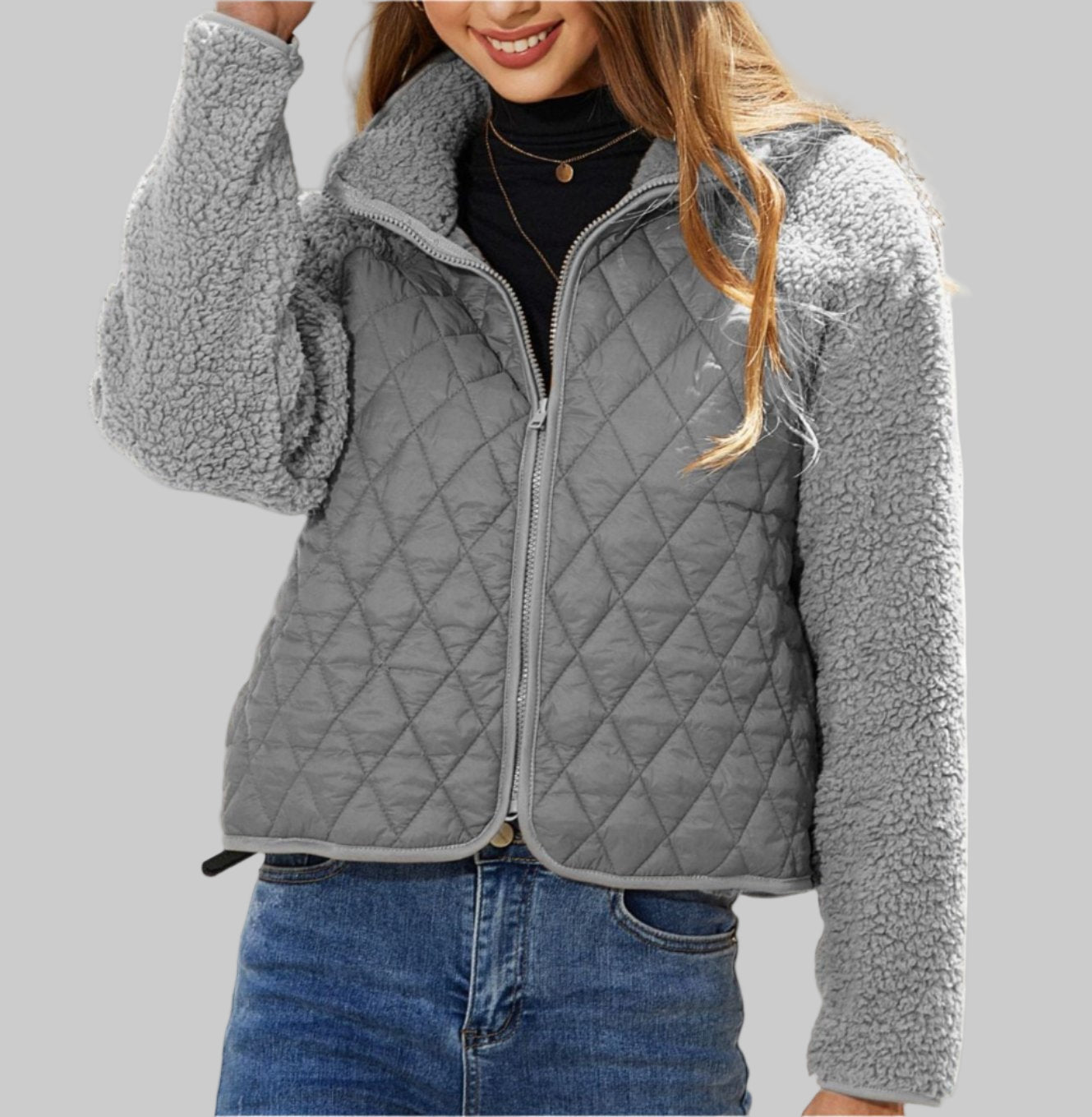 Autumn Winter Zipper Long Sleeve Plush Stitching Coat Tamra.Shop.Social