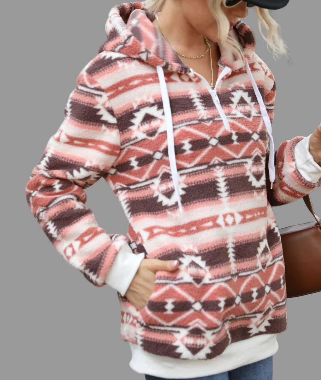 Aztec Hooded Pullover Fleece Lined Long Sleeve Sweater - S / Picture Pattern - Sweatshirts & Hoodies