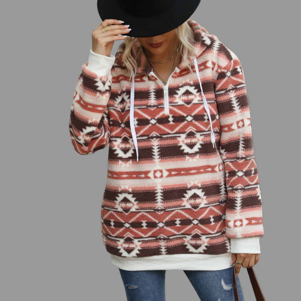 Aztec Hooded Pullover Fleece Lined Long Sleeve Sweater - Sweatshirts & Hoodies