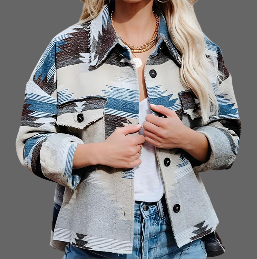 Aztec Retro Ethnic Geometric Abstract Printed Woolen Coat - S / Blue - Outerwear