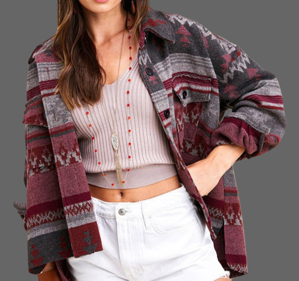 Aztec Retro Ethnic Geometric Abstract Printed Woolen Coat - S / Dark Red - Outerwear