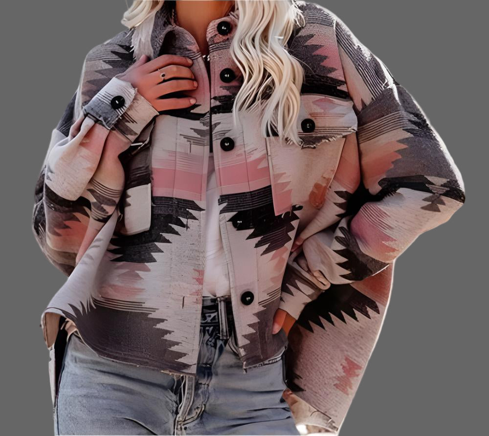 Aztec Retro Ethnic Geometric Abstract Printed Woolen Coat - S / Pink - Outerwear