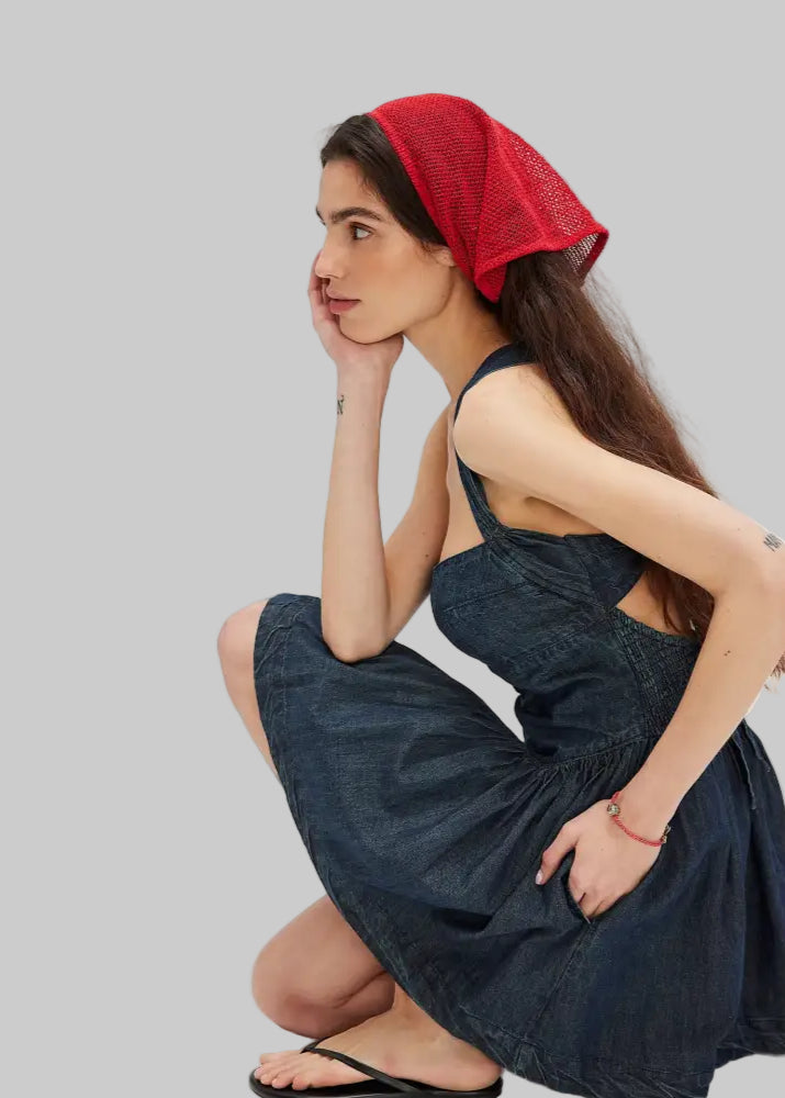 Backless Strap Waist Denim Dress - Dresses