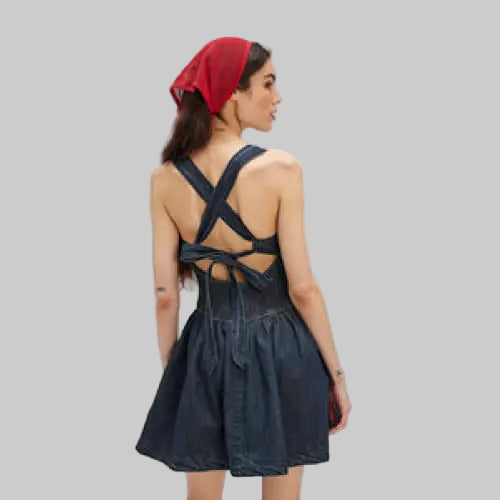 Backless Strap Waist Denim Dress - Dresses