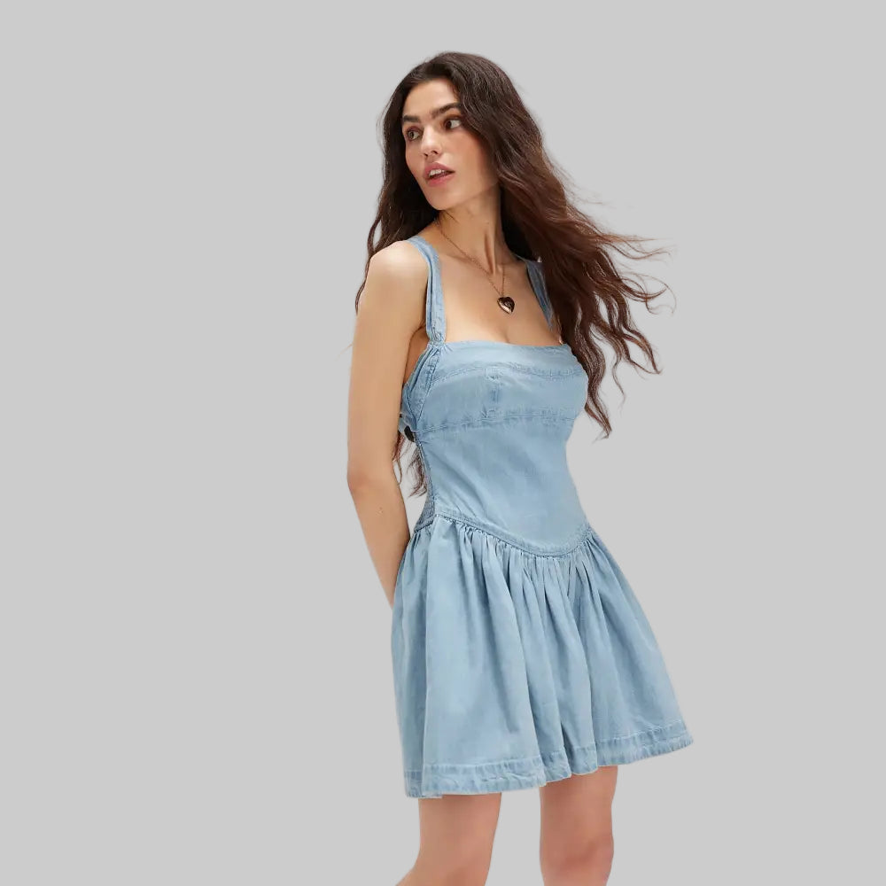 Backless Strap Waist Denim Dress - S / Light Blue - Dresses