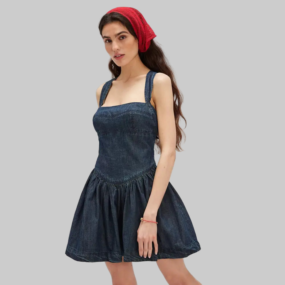 Backless Strap Waist Denim Dress - S / Navy Blue - Dresses