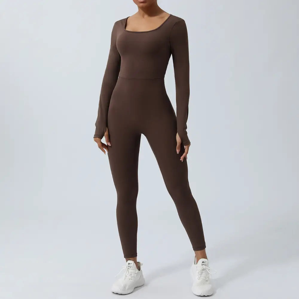 Backless Yoga Hip Lifting One-Piece Fitness Jumpsuit - M / Tea Brown - Activewear