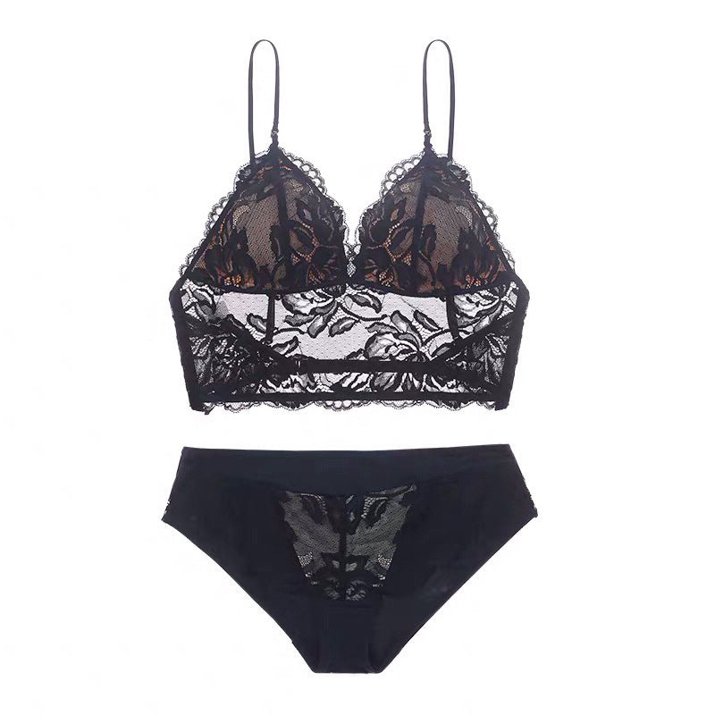 Beauty Embroidery Lace Thin Wireless Bra Panties Set - S / Black-Backless - Bra Panty Sets