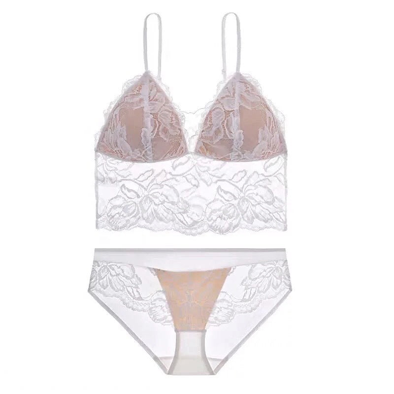 Beauty Embroidery Lace Thin Wireless Bra Panties Set - S / White-Beauty Back Style - Bra Panty Sets