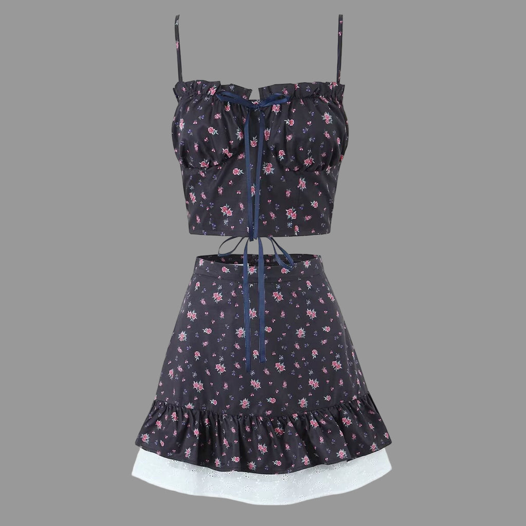Black Floral Skirt Top Set - Outfit Sets