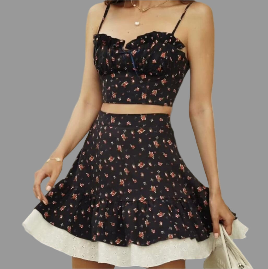 Black Floral Skirt Top Set - S / Set - Outfit Sets