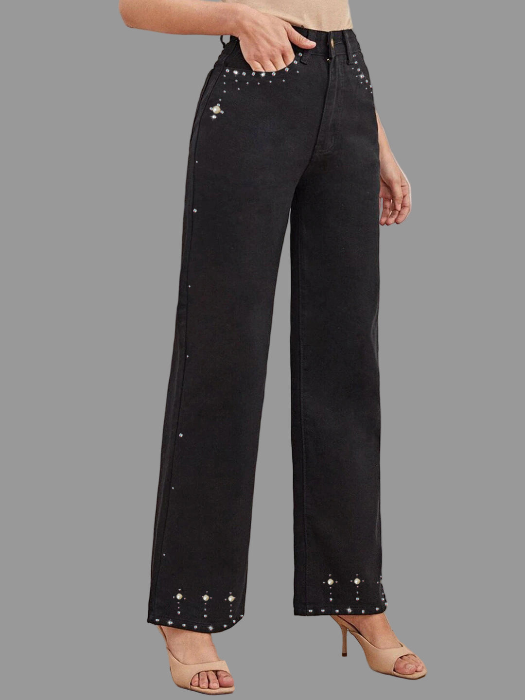 Black Straight Jeans Design Rhinestone Slim Fit High Waist Jeans - Jeans