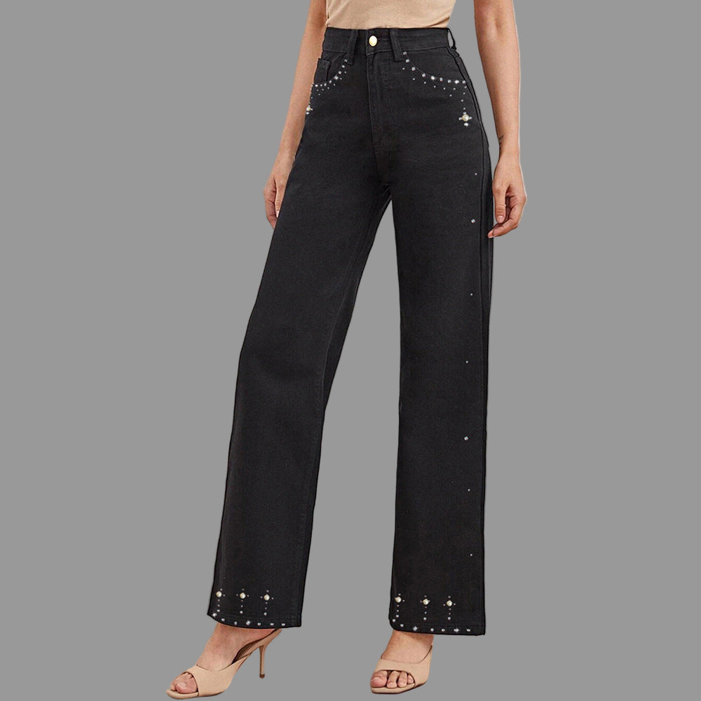 Black Straight Jeans Design Rhinestone Slim Fit High Waist Jeans - Jeans