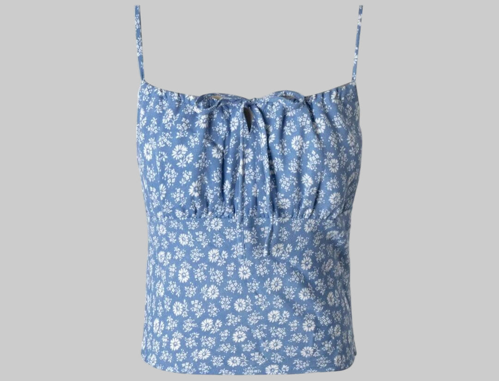 Blue Floral Chest Pleated Short Top - S / Blue - Tank Tops & Camis
