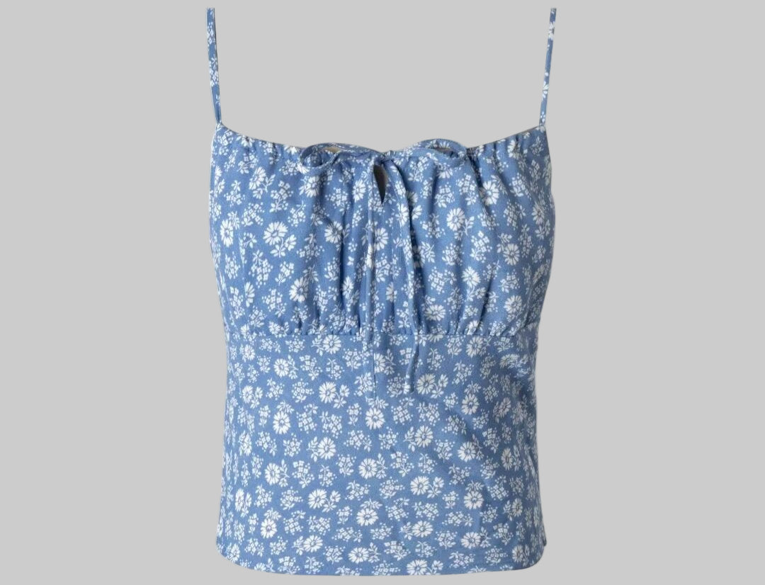 Blue Floral Chest Pleated Short Top - S / Blue - Tank Tops & Camis