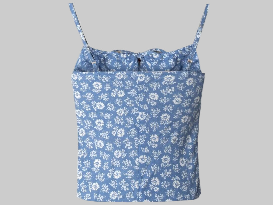 Blue Floral Chest Pleated Short Top - Tank Tops & Camis