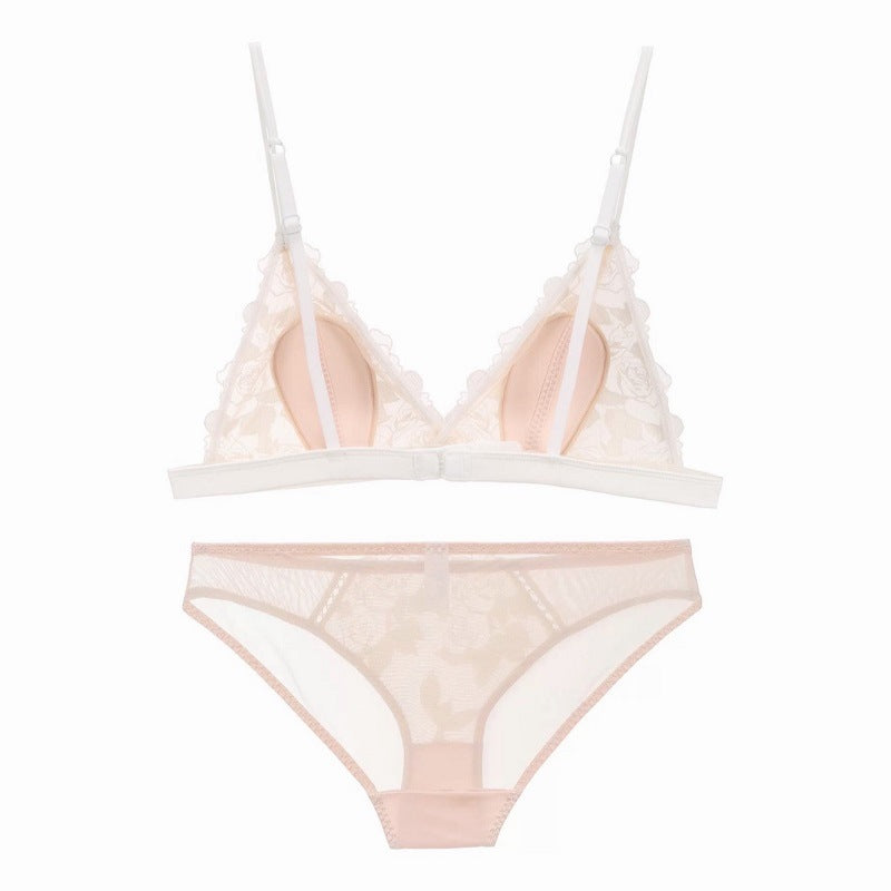 Bralette French Triangle Cup Wire-Free Breathable Tulle Embroidery Sexy Bra Set - Bra Panty Sets