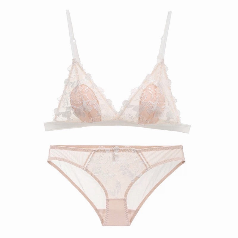 Bralette French Triangle Cup Wire-Free Breathable Tulle Embroidery Sexy Bra Set - S / Yellow - Bra Panty Sets