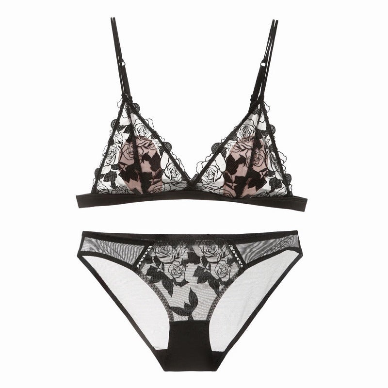 Bralette French Triangle Cup Wire-Free Breathable Tulle Embroidery Sexy Bra Set - S / Black - Bra Panty Sets