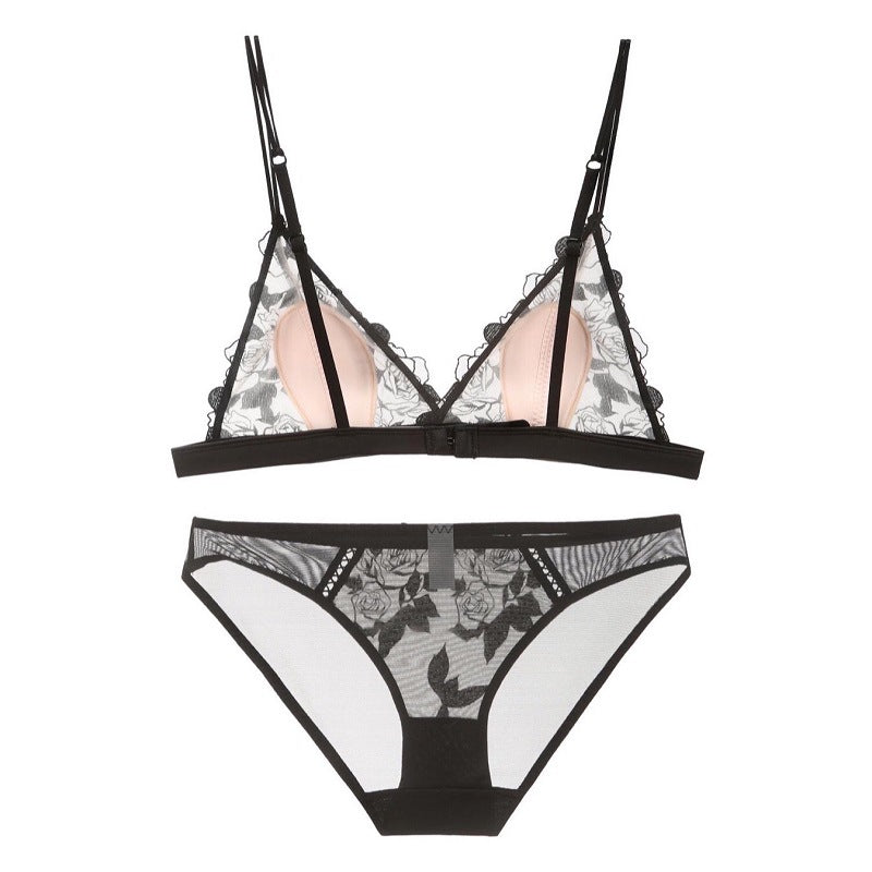 Bralette French Triangle Cup Wire-Free Breathable Tulle Embroidery Sexy Bra Set - Bra Panty Sets