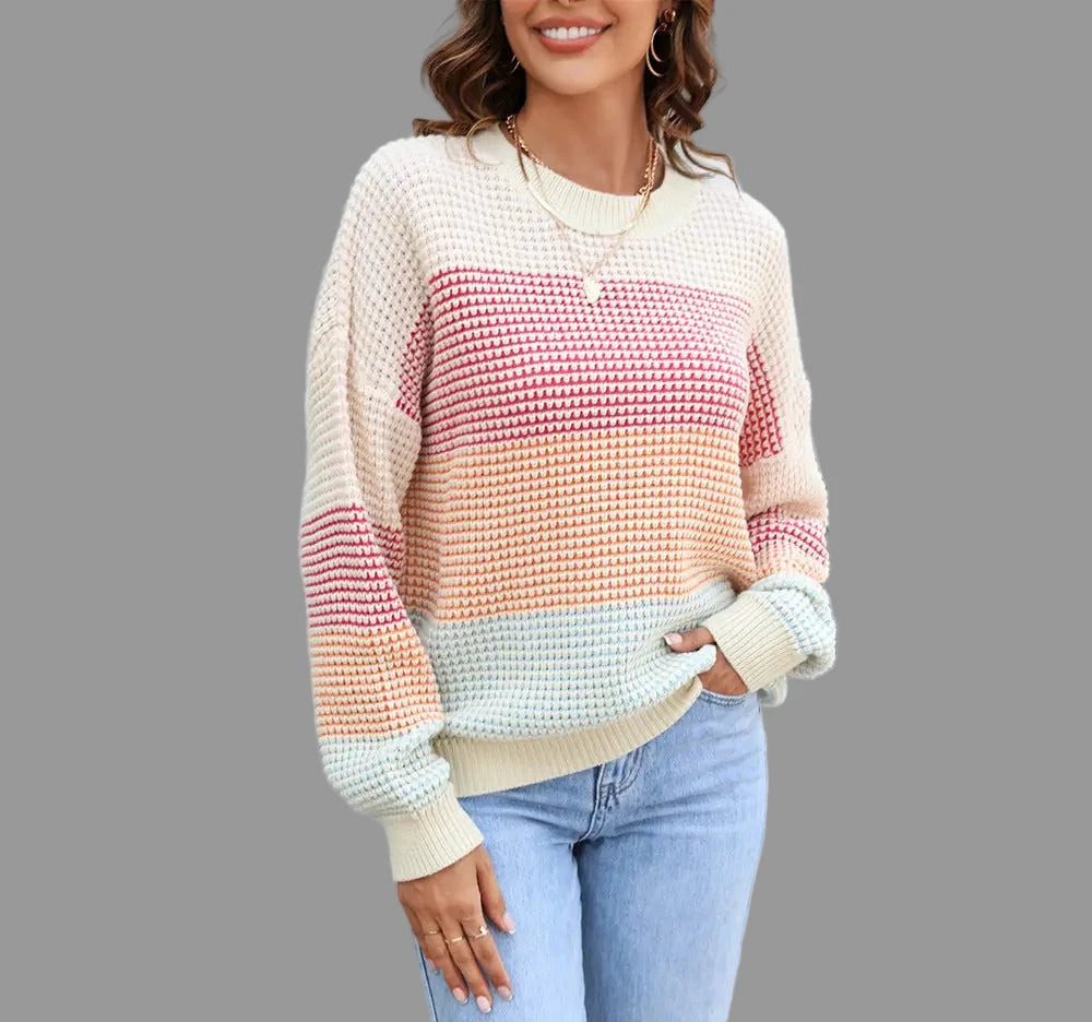 Casual Color Block Crew Neck Sweater - Sweaters & Cardigans