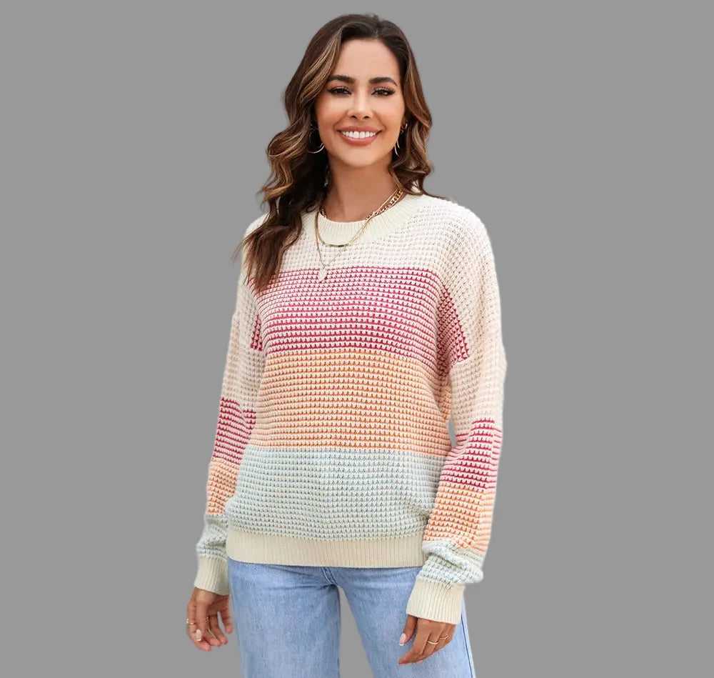 Casual Color Block Crew Neck Sweater - Sweaters & Cardigans