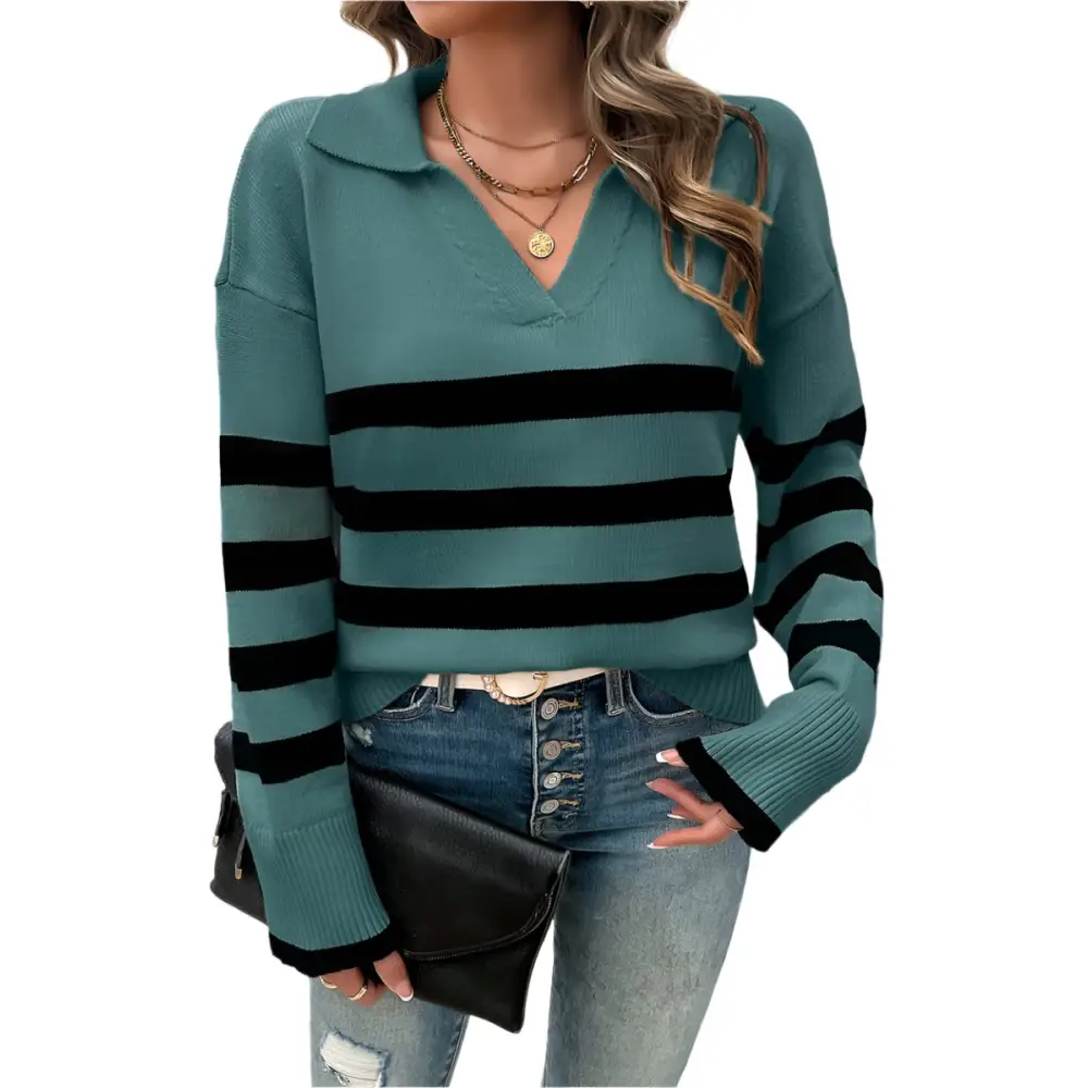 Casual Contrast Color Lapels Sweater - S / Green - Sweaters & Cardigans