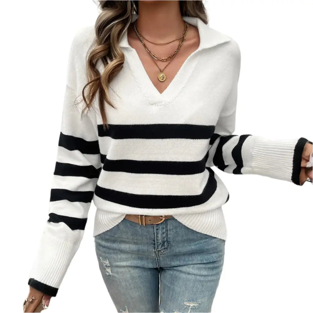 Casual Contrast Color Lapels Sweater - S / White - Sweaters & Cardigans