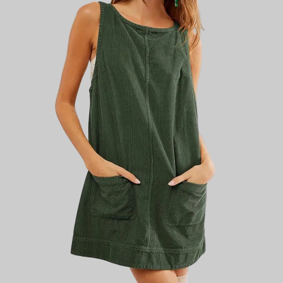 Casual Corduroy Sleeveless Dress - S / Army Green - Dresses