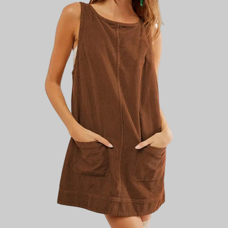 Casual Corduroy Sleeveless Dress - S / Brown - Dresses
