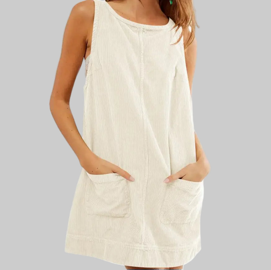 Casual Corduroy Sleeveless Dress - S / Ivory - Dresses