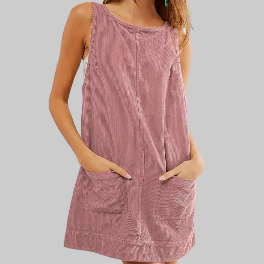 Casual Corduroy Sleeveless Dress - S / Pink - Dresses