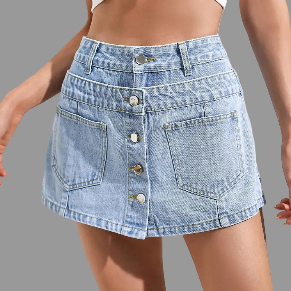 Casual Culottes Denim Shorts - XS / Light Color Washed Blue - Skirts