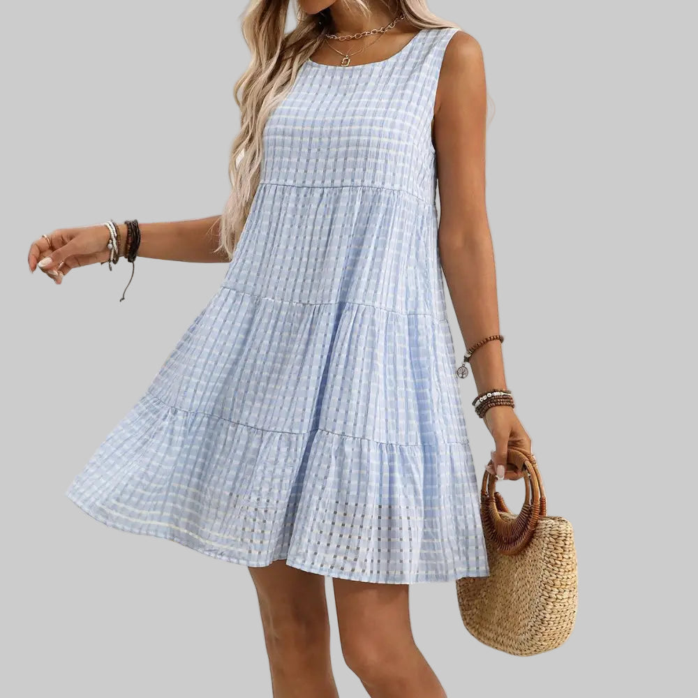 Casual Elegant Sleeveless Plaid Dress - S / Light Blue - Dresses
