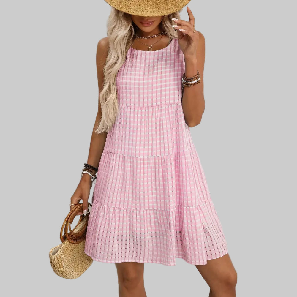Casual Elegant Sleeveless Plaid Dress - S / Light pink - Dresses
