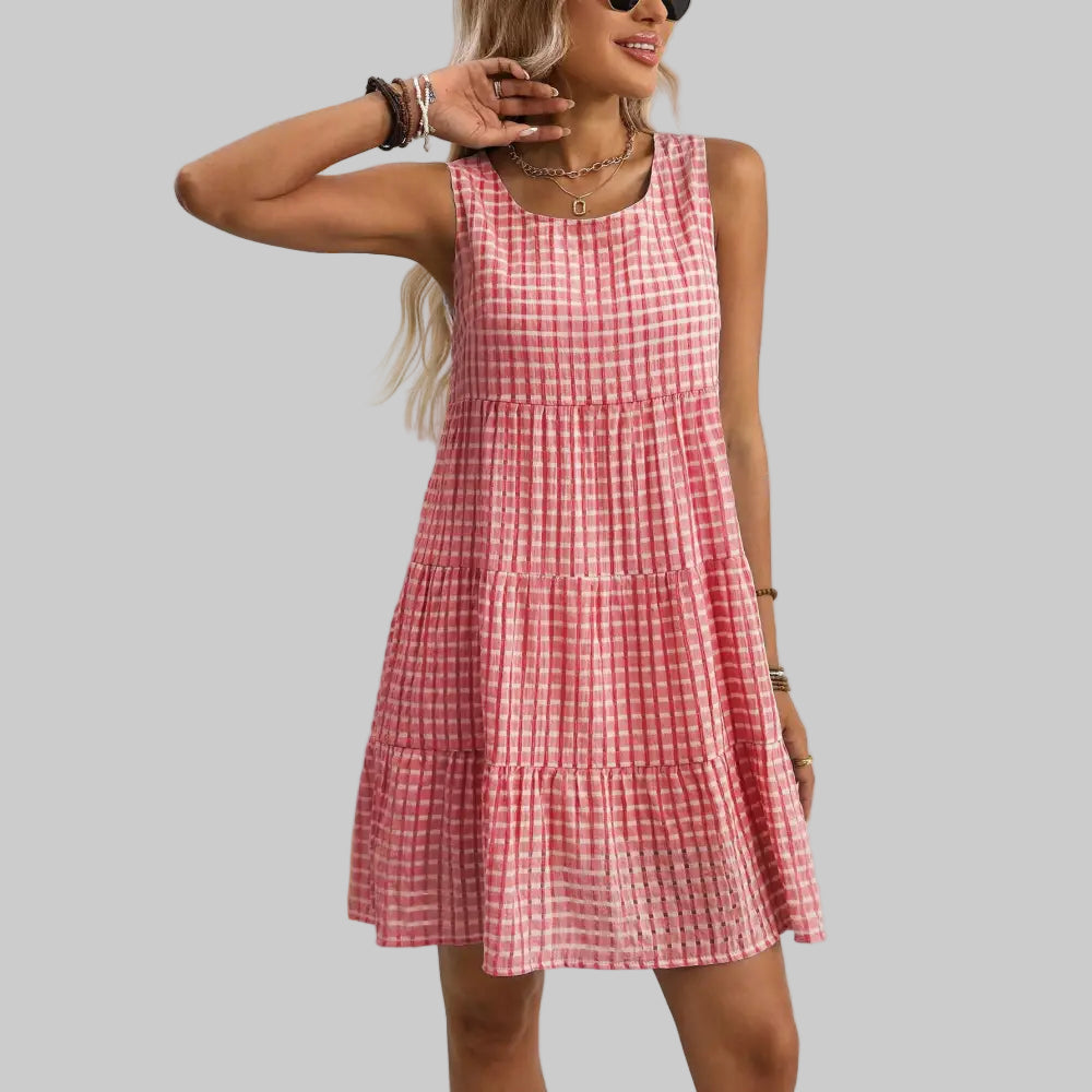 Casual Elegant Sleeveless Plaid Dress - S / Red - Dresses