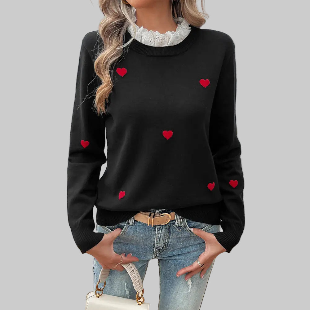 Casual Embroidery Love Long Sleeve Sweater - S / Black - Sweaters & Cardigans